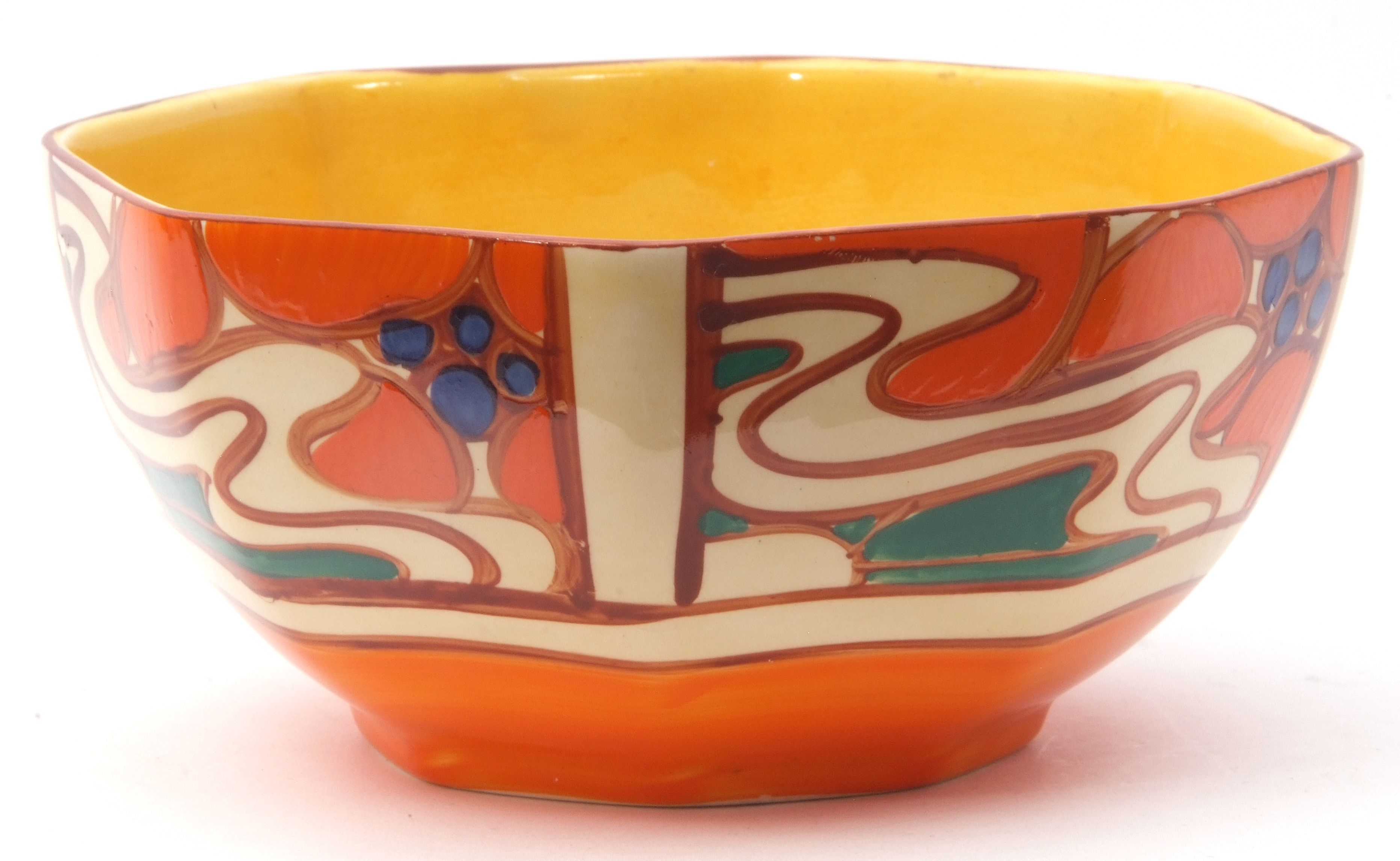 Octagonal Clarice Cliff bowl, in the Orange Sunrise pattern, the base with Fantasque Clarice Cliff - Image 2 of 5