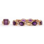 Amethyst and diamond set bracelet featuring ten oval faceted cut amethysts in cut down settings,