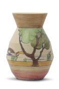 Clarice Cliff vase in the Gloria pattern in pastel colours, with Bizarre factory mark to base and