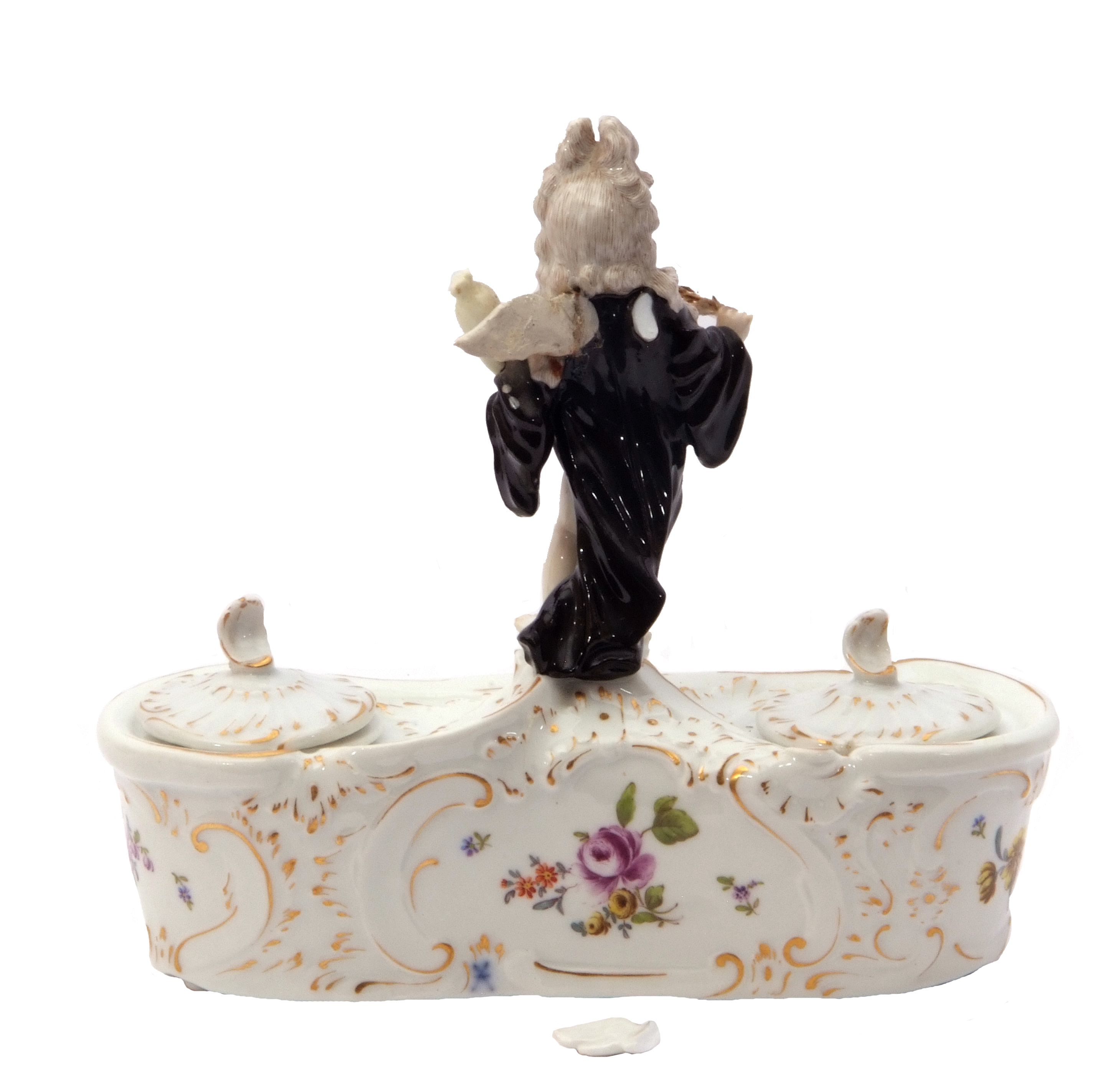 19th century Meissen style inkwell and pen tray with a cupid in disguise figure modelled as an - Image 4 of 6