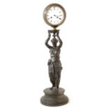 Unusual spelter figure clock, circular face with Roman chapter ring supported by classical figure