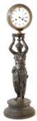 Unusual spelter figure clock, circular face with Roman chapter ring supported by classical figure