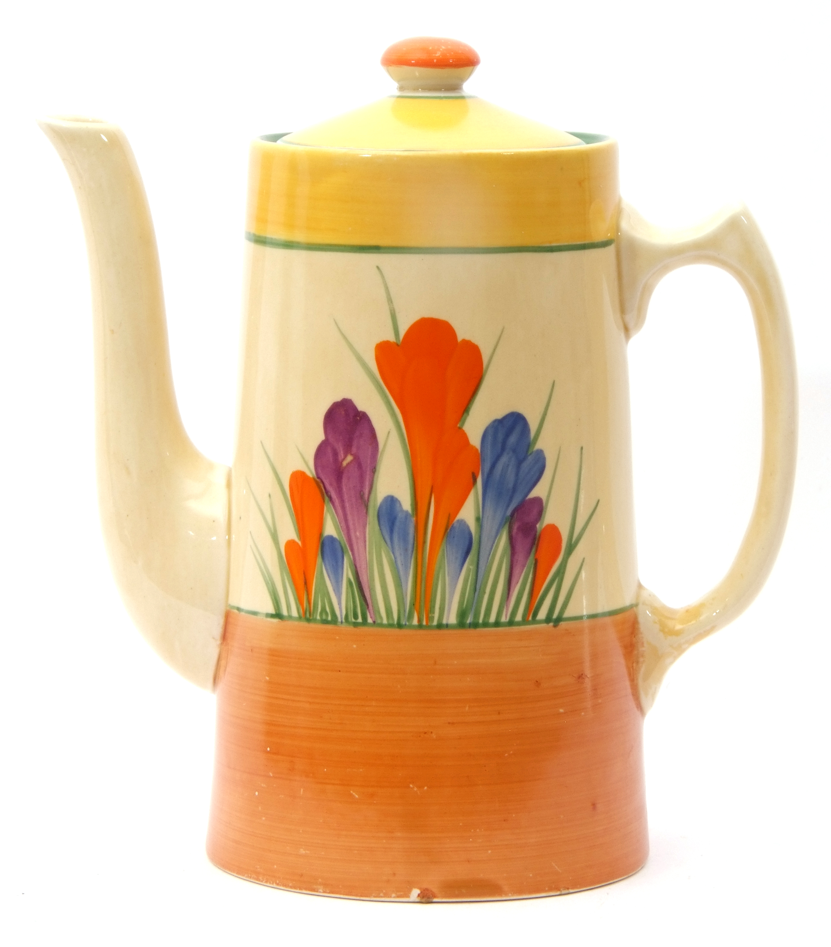 Clarice Cliff Bizarre Crocus pattern coffee pot and cover, 16cm high - Image 4 of 8