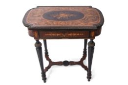 19th century burr walnut marquetry and ebonised sewing table, the ornately inlaid lid with brass