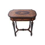 19th century burr walnut marquetry and ebonised sewing table, the ornately inlaid lid with brass