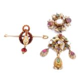 Mixed Lot: metal pin mounted with a gold framed and garnet and diamond encrusted entwined serpent