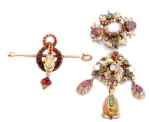 Mixed Lot: metal pin mounted with a gold framed and garnet and diamond encrusted entwined serpent