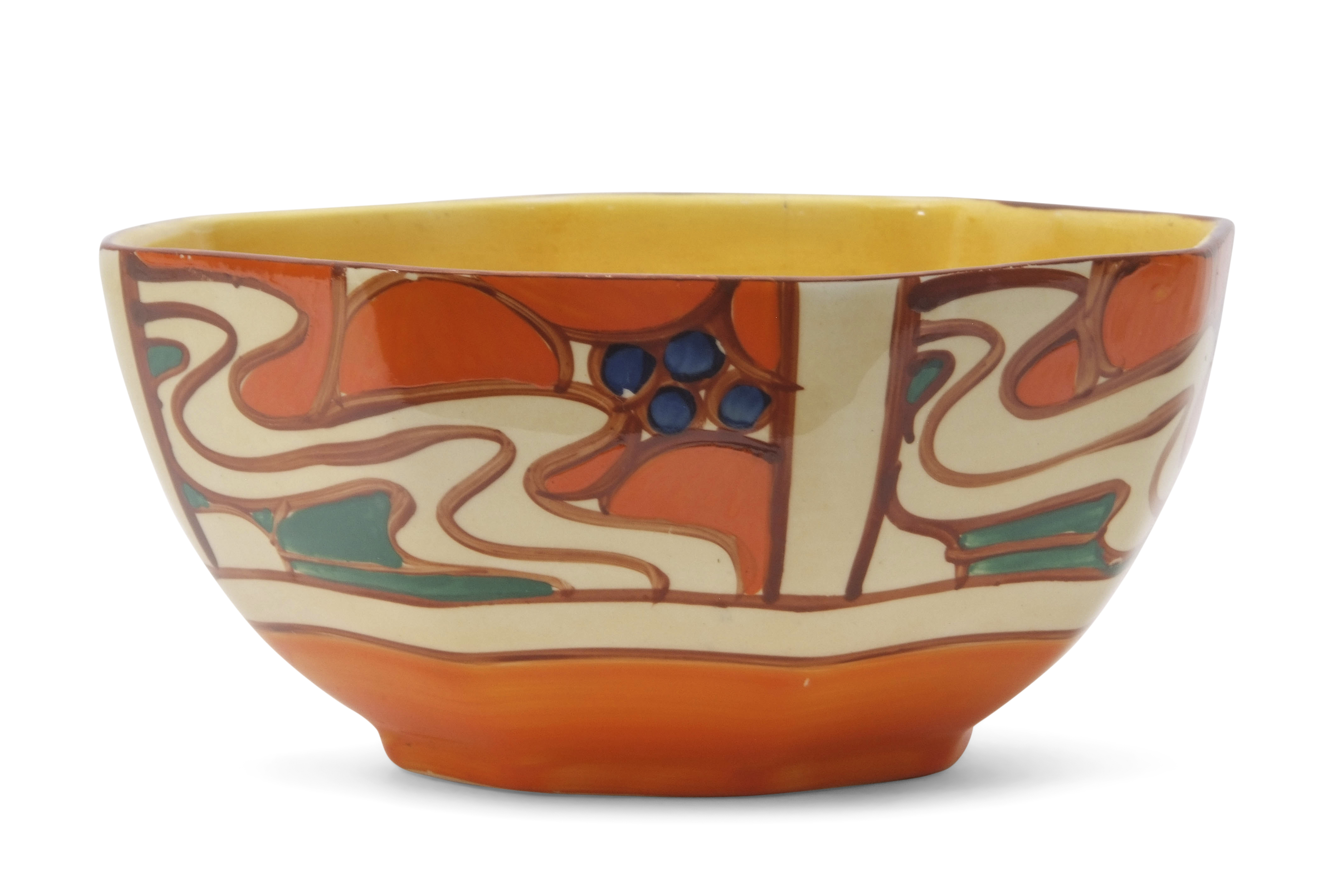 Octagonal Clarice Cliff bowl, in the Orange Sunrise pattern, the base with Fantasque Clarice Cliff