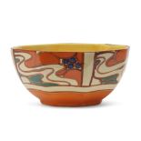 Octagonal Clarice Cliff bowl, in the Orange Sunrise pattern, the base with Fantasque Clarice Cliff