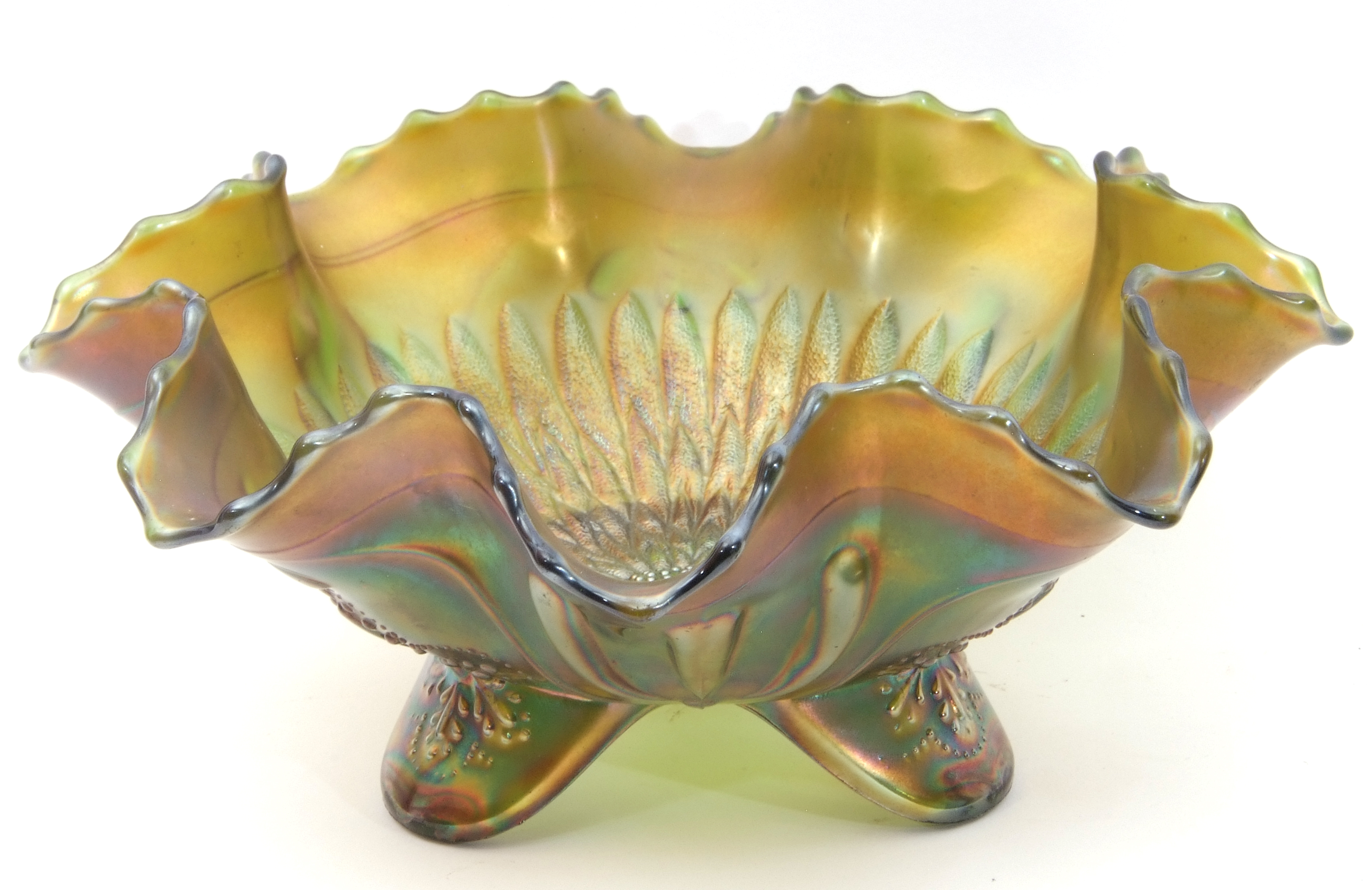 Northwood green carnival glass three-footed bowl in the Sunflower pattern, Cambridge green - Image 5 of 7