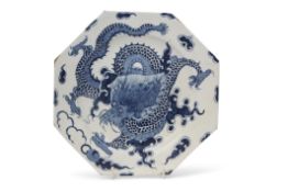 Bow porcelain octagonal plate decorated with the dragon pattern, 22cm diam