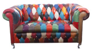 21st century designer Chesterfield arch back sofa, upholstered in multi-coloured leather harlequin