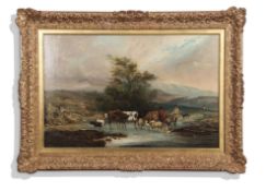 English School (19th century), Mountain landscape with figures, cows, sheep and goats crossing a