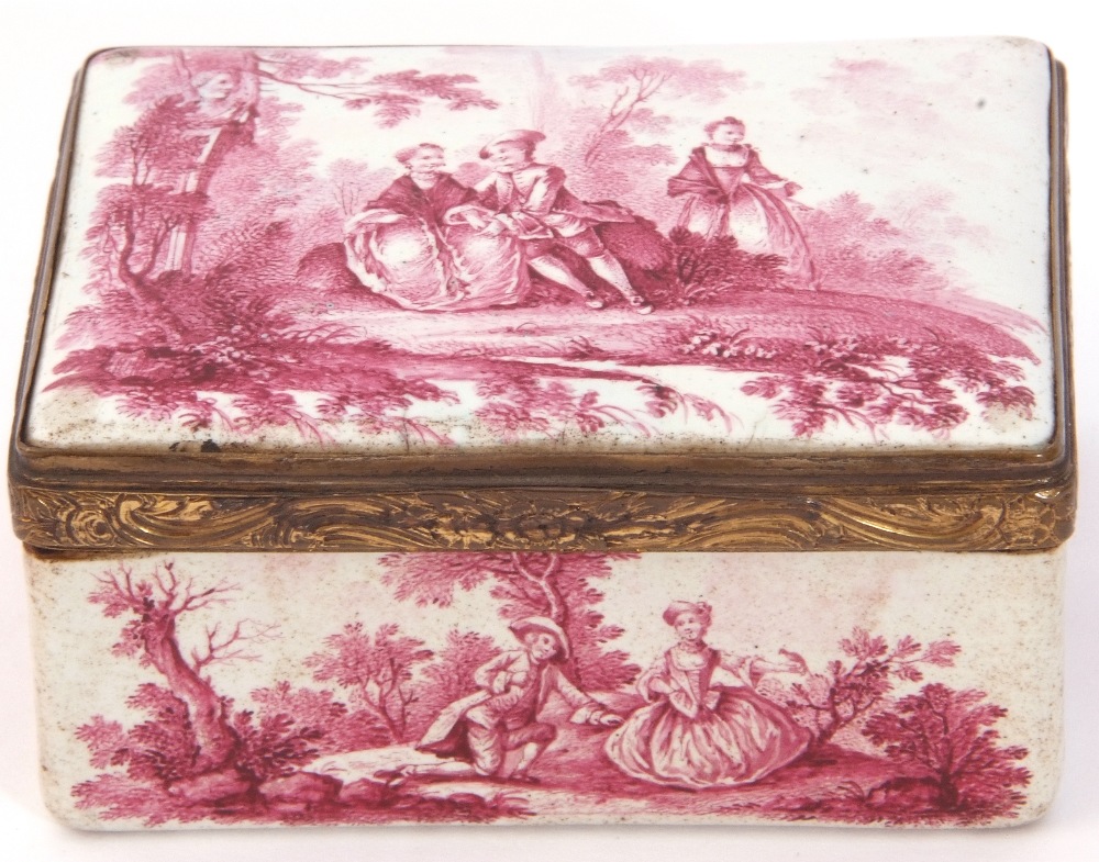 18th century Battersea gilt metal framed rectangular table snuff box, the panel to both sides of the - Image 2 of 6