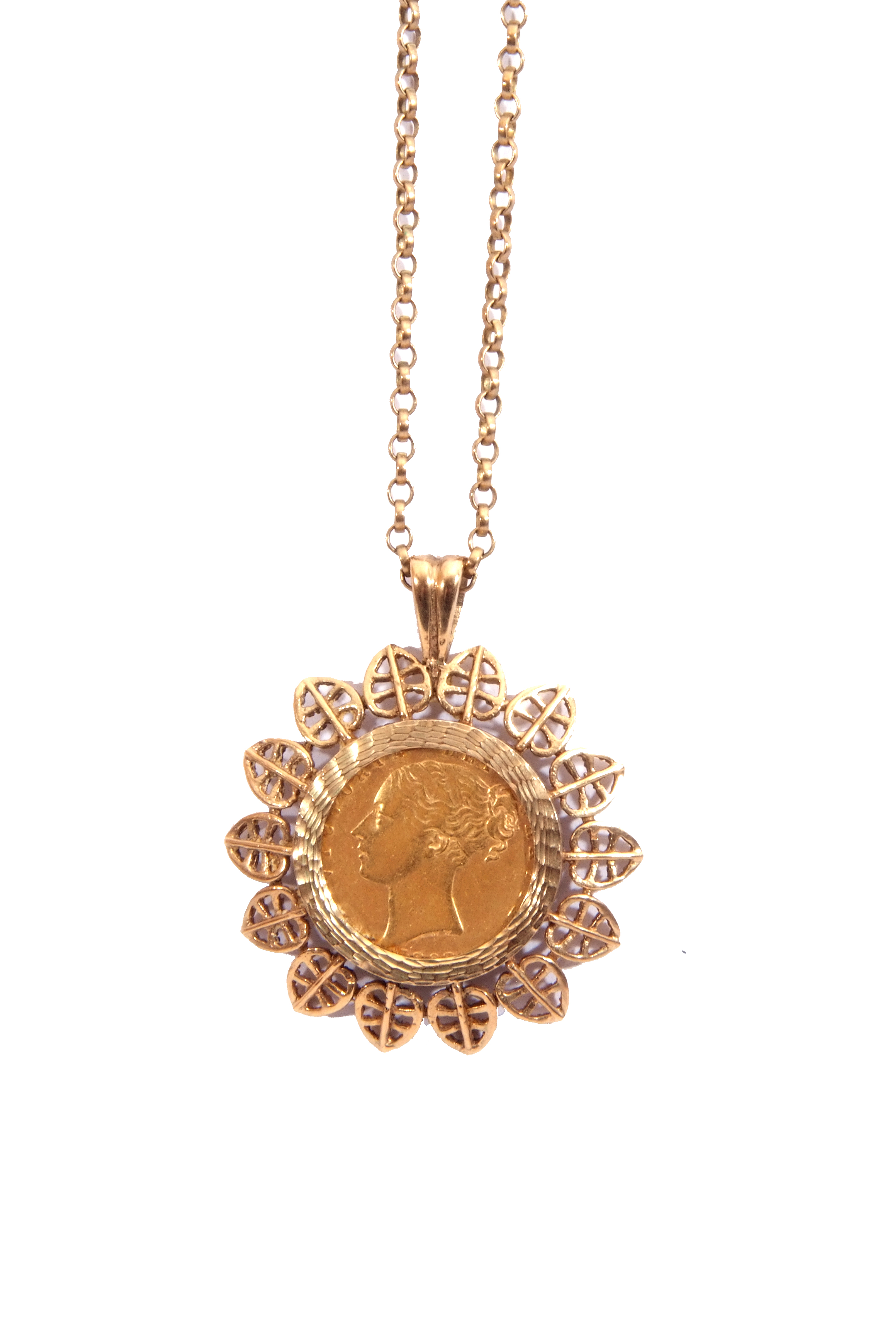 Victorian gold shield back sovereign within a hallmarked 9ct gold filigree leaf edge design pendant, - Image 2 of 4