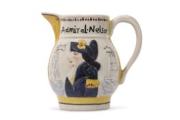 Pratt ware style jug modelled with Admiral Nelson and Captain Hardy verso, in Pratt ware type