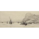 William Lionel Wyllie, RA, RI, RE (1851-1931), "Gibraltar", 16 x 37cm