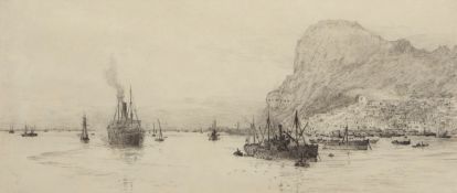 William Lionel Wyllie, RA, RI, RE (1851-1931), "Gibraltar", 16 x 37cm