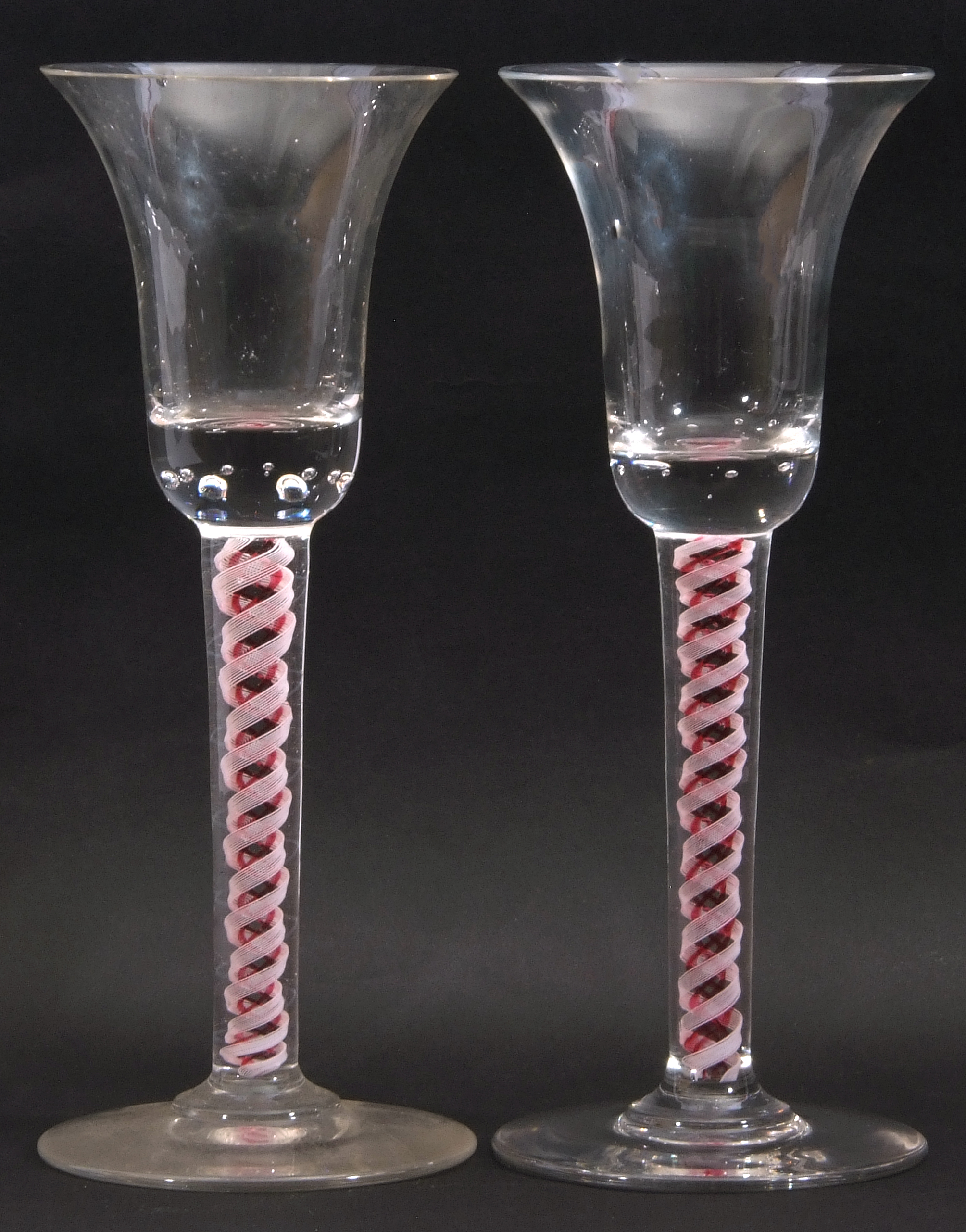 Pair of colour twist wine glasses, the bell bowls above multi series twist stems with Ruby - Image 2 of 2