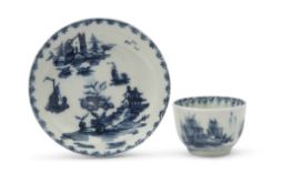 Good Lowestoft porcelain miniature tea bowl and saucer, circa 1765, with chinoiserie scenes within a