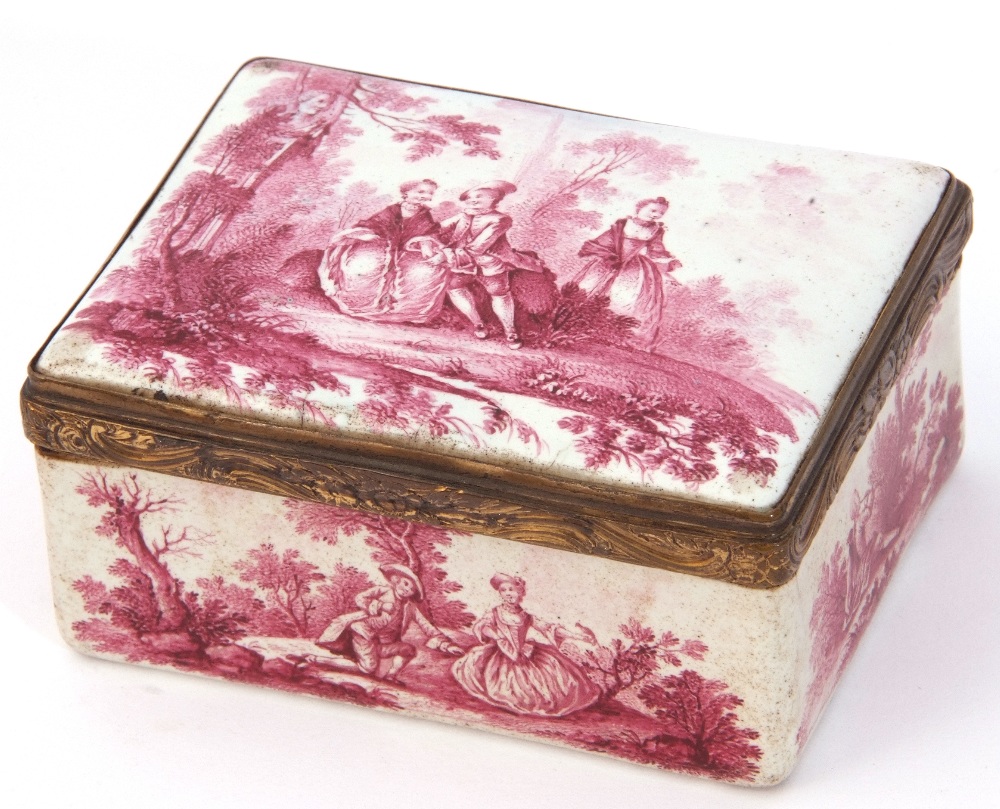 18th century Battersea gilt metal framed rectangular table snuff box, the panel to both sides of the - Image 3 of 6