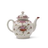 Lowestoft porcelain tea pot and cover with a polychrome design in famille rose, 16cm high