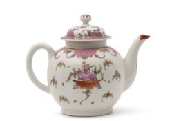 Lowestoft porcelain tea pot and cover with a polychrome design in famille rose, 16cm high