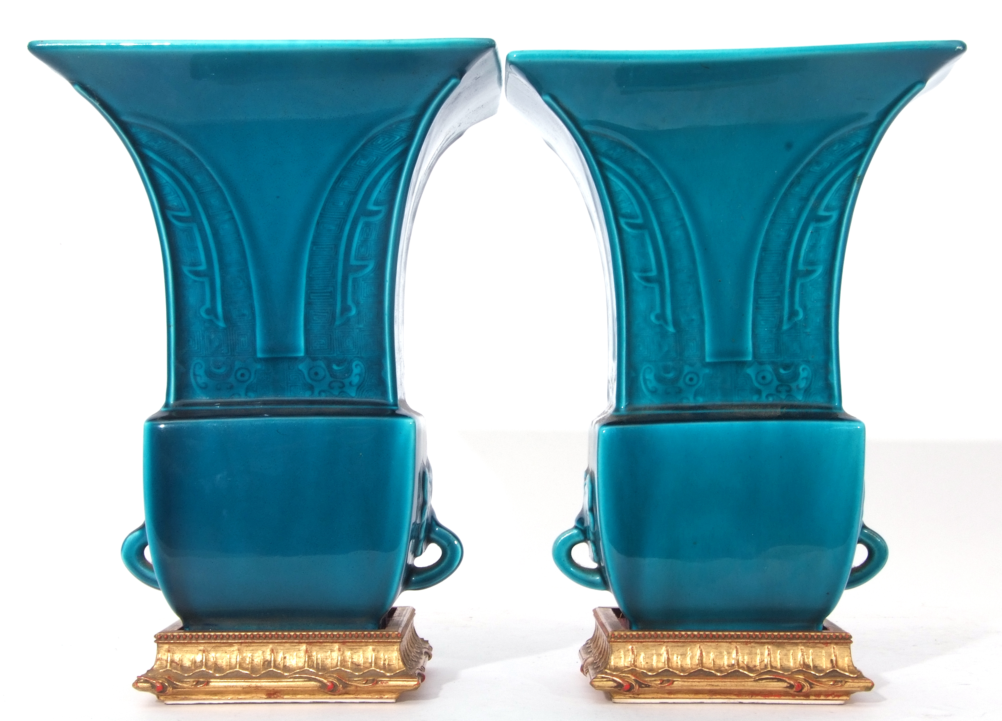 Pair of Theodore Deck blue faience vases of archaic Chinese form decorated with a geometric - Image 2 of 8