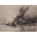 William Lionel Wyllie, RA, RI, RE (1851-1931), "HMS Queen Elizabeth", black and white etching,