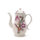 Lowestoft porcelain coffee pot and cover, finely painted in polychrome by the tulip painter, the