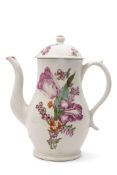 Lowestoft porcelain coffee pot and cover, finely painted in polychrome by the tulip painter, the