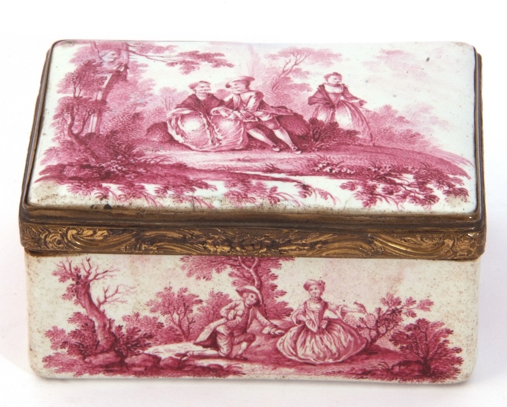 18th century Battersea gilt metal framed rectangular table snuff box, the panel to both sides of the - Image 4 of 6