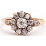 Antique diamond cluster ring, the principle old cut diamond 0.40ct approx, within a surround of