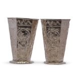 Pair of 19th century Dutch drinking beakers with decorative scenes, Dutch, 1875, height 11.8cms,
