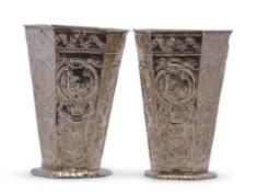 Pair of 19th century Dutch drinking beakers with decorative scenes, Dutch, 1875, height 11.8cms,