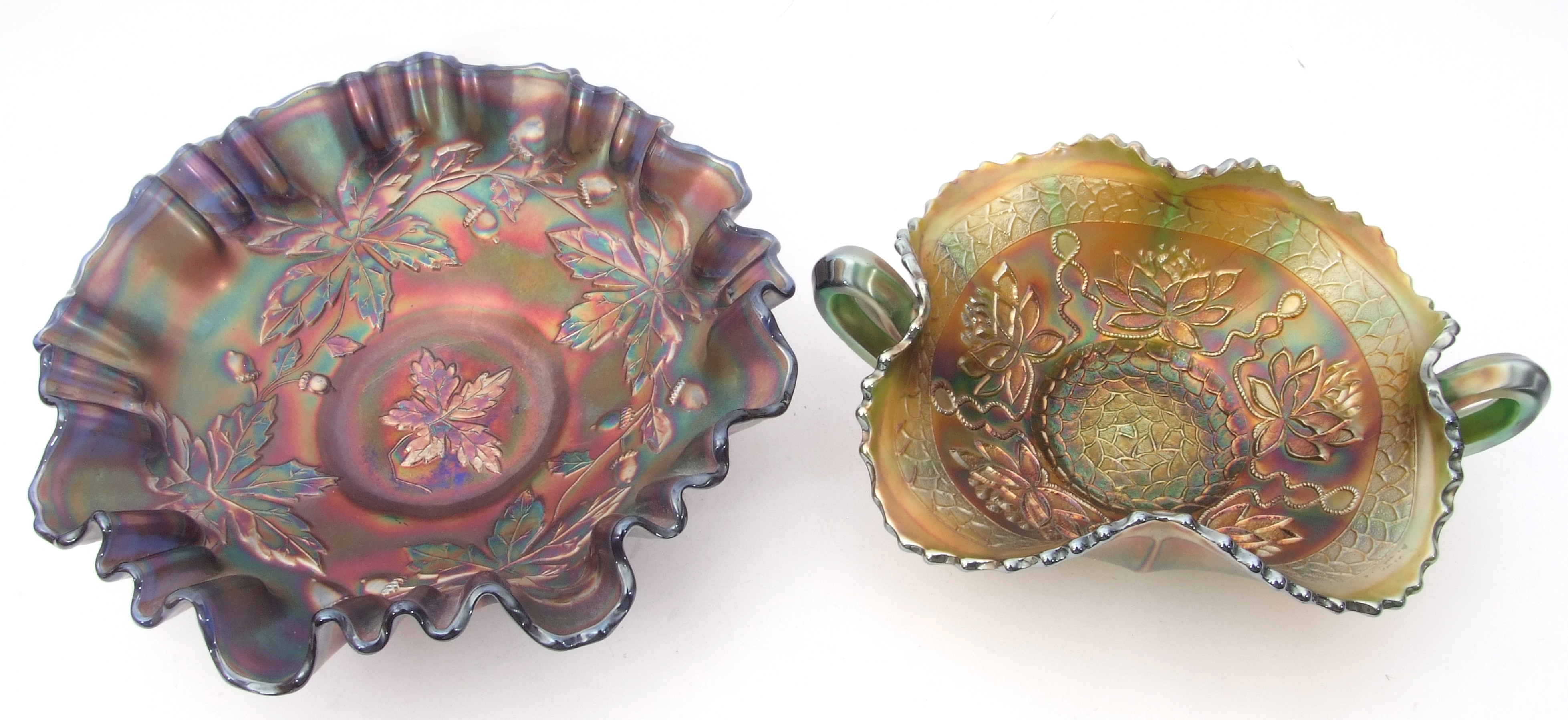 Brockwitz carnival glass lavender bowl with the four flowers variant pattern, a Fenton Autumn acorns - Image 6 of 8