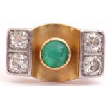 Emerald and diamond stylised ring, the cabochon round cut emerald collet set in a central concave