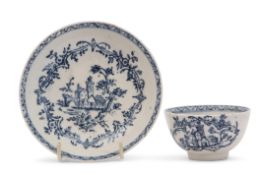 Lowestoft porcelain tea bowl and saucer decorated with an underglaze blue print of The Good Cross