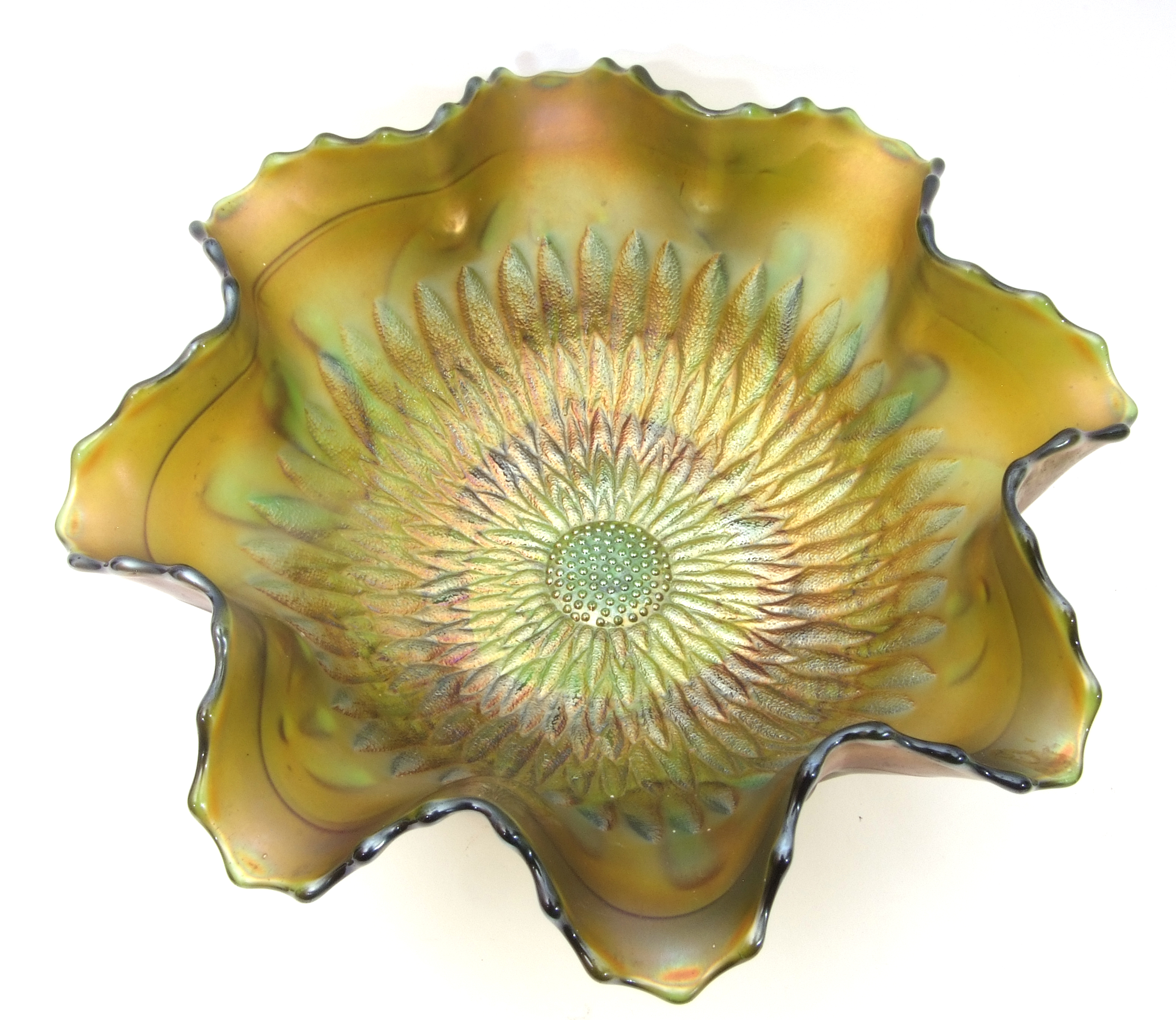 Northwood green carnival glass three-footed bowl in the Sunflower pattern, Cambridge green - Image 6 of 7