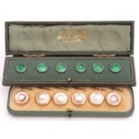 Set of six green enamel buttons in fitted "Liberty & Co, Regent St, London" case (buttons unmarked),