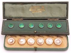 Set of six green enamel buttons in fitted "Liberty & Co, Regent St, London" case (buttons unmarked),