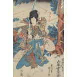 Group of three woodblock prints, probably by Kunisada, a study of a warrior held ready to strike a
