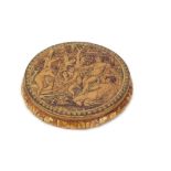 18th/19th century French marquetry veneered and papier mache circular box and lid, the lid depicting