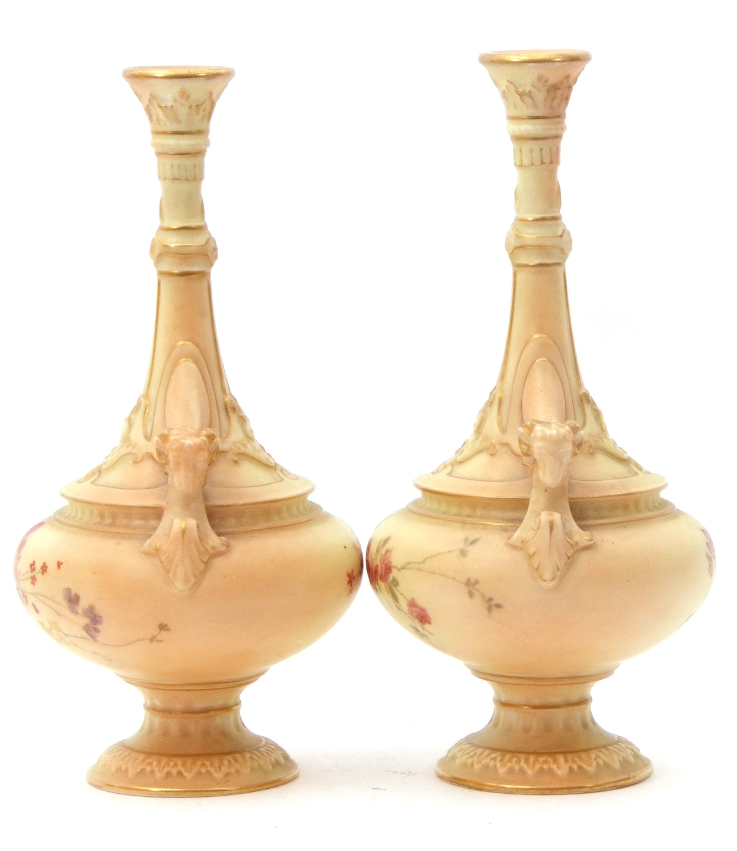 Pair of Royal Worcester blush ground vases with slender necks and rams head handles, the blush - Image 2 of 6