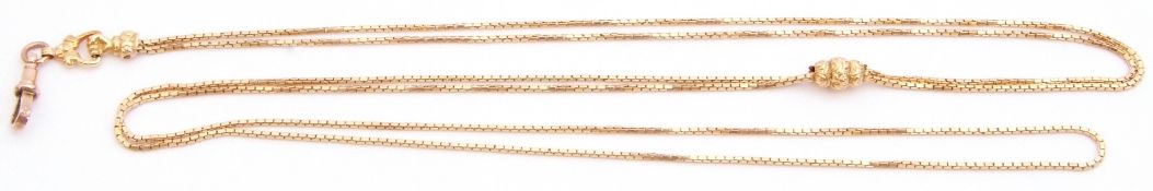 Good quality chain link necklace of elongated box links in yellow metal with sliding barrel with