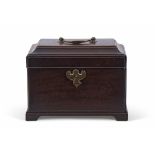 George III period dark mahogany tea caddy of moulded rectangular form, the hinged lid opening to