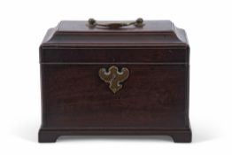 George III period dark mahogany tea caddy of moulded rectangular form, the hinged lid opening to