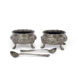 Fine heavy pair of William IV circular salts having wavy gadrooned rim, applied floral and foliate