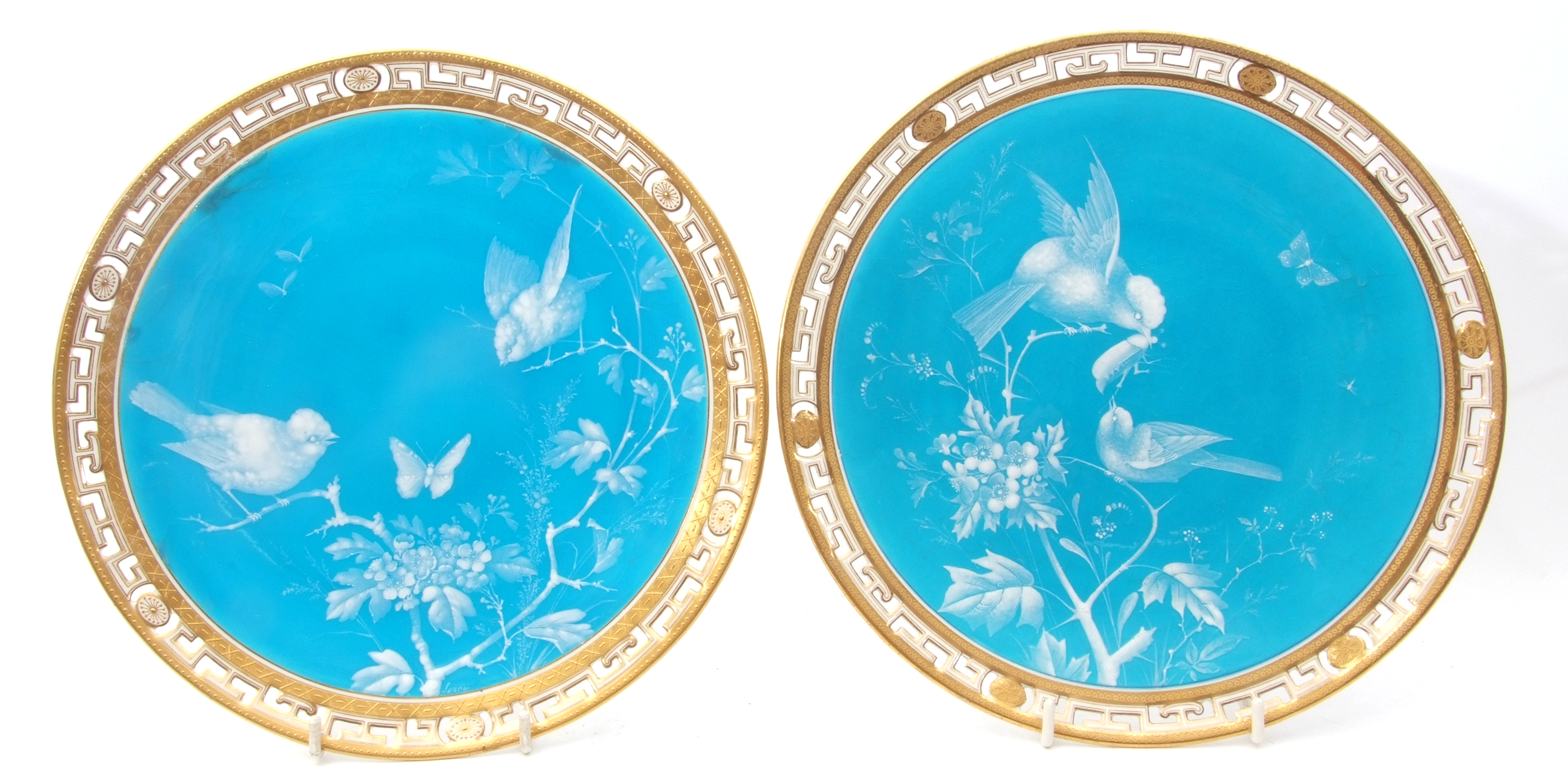 Pair of 19th century Minton plates with enamel decoration of birds on a turquoise ground within - Image 2 of 5