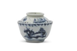 Lowestoft porcelain miniature sucrier and cover with chinoiserie scenes and berry border, the